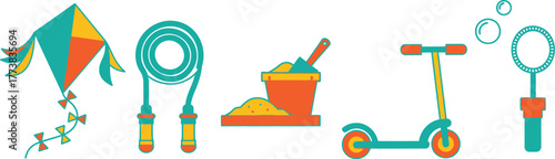 Outdoor Play Icon Set – Kite, Jump Rope, Sandbox Bucket, Scooter, Bubble Wand, Fun, Kids, Minimal, Bright Two-Tone Vector Design