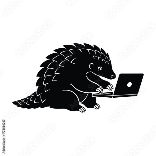 Pangolin silhouette cartoon working on a laptop computer, black and white vector illustration of an armored mammal typing, isolated design element.