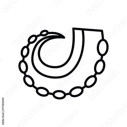 Line art drawing shows a stylized fish hook necklace