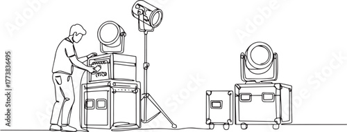 Minimalist line art depicting a stage technician setting up ligh