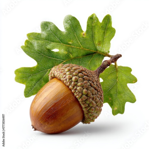 A close-up shot of an acorn with leaves