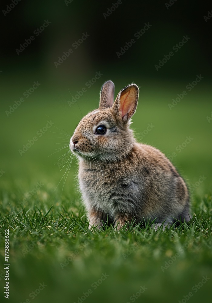 Fototapeta premium Fluffy little rabbit with soft fur sitting in a green meadow, observing its surroundings with curious eyes. Perfect for nature and animal themes ,playful ,garden ,ears