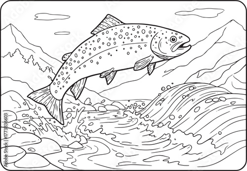 Jumping fish coloring page outline illustration with river and m