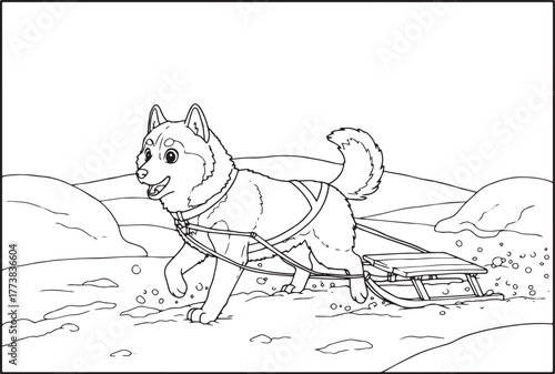 Stylized Siberian Husky pulling a sled through snowy terrain in