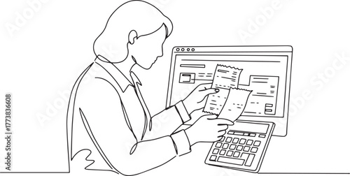 Line drawing depicts woman managing finances with bills and calc