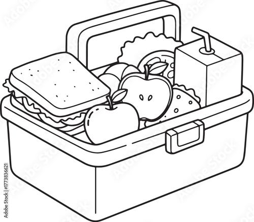 Monochrome Illustration of a Packed Lunchbox with Healthy Food I