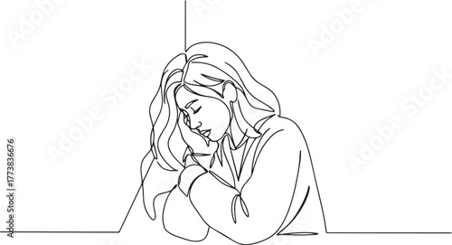 Minimalist line drawing capturing a young woman in a moment of q