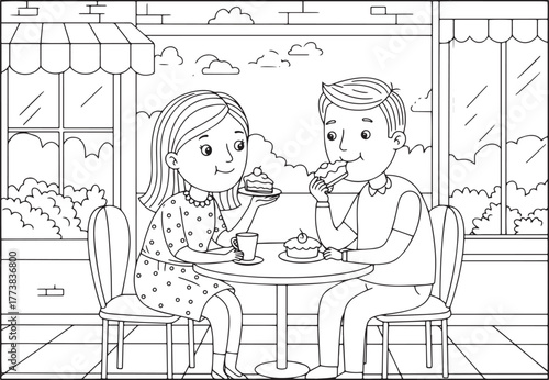 Adorable cartoon couple enjoys cake and coffee at outdoor cafe c