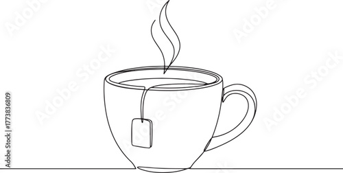 Elegant single line drawing of a steaming teacup with a tea bag