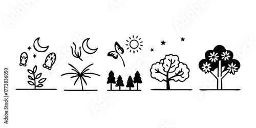 Quiet Night Icons. Outline icon set of quiet night nature: still forest, gentle breeze, firefly, nighttime flowers, silhouetted trees, calm.