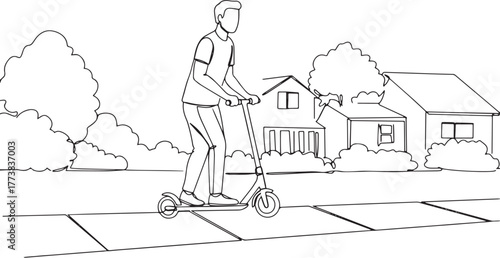 Continuous line drawing showcases a man riding an electric scoot