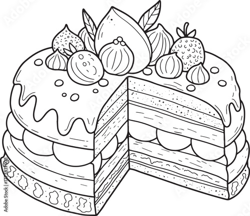 Hand drawn opera cake illustration with fruits and a slice taken