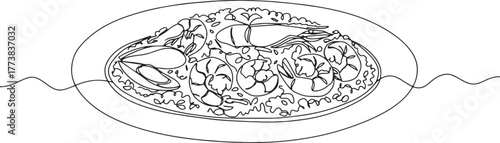 Continuous line drawing featuring a delectable cajun jambalaya d