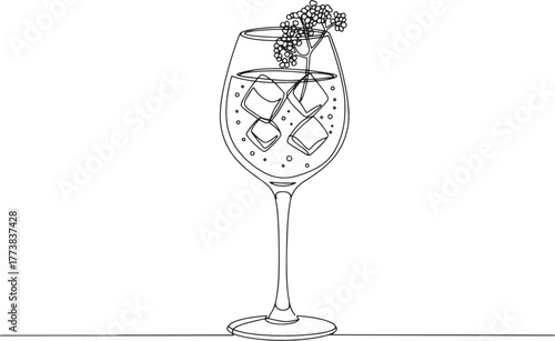 Elegant one-line drawing of an elderflower spritz cocktail with