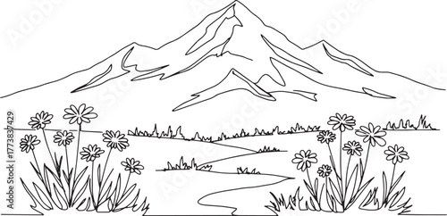 Elegant Line Drawing: Mountain Peak and Wildflowers Sketch in Bl