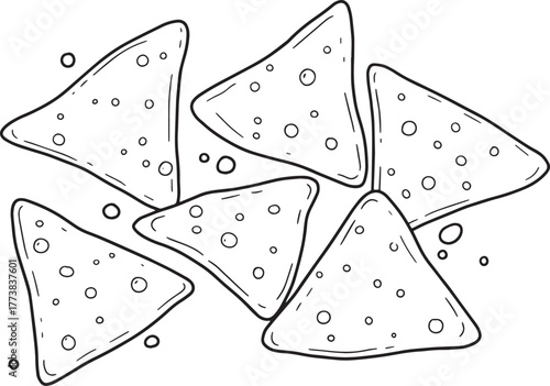 Artistic rendition of tortilla chips, outlined for coloring or d