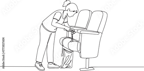 Line art depiction of woman removing gum from theater seating fo
