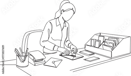 Single line drawing of a woman sealing envelopes for corresponde