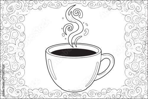 Detailed line art illustration of a steaming coffee cup framed b