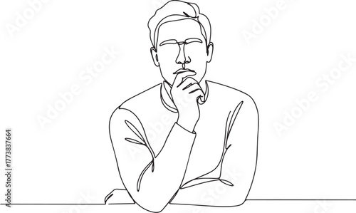 Conceptual continuous line drawing illustration of a thoughtful