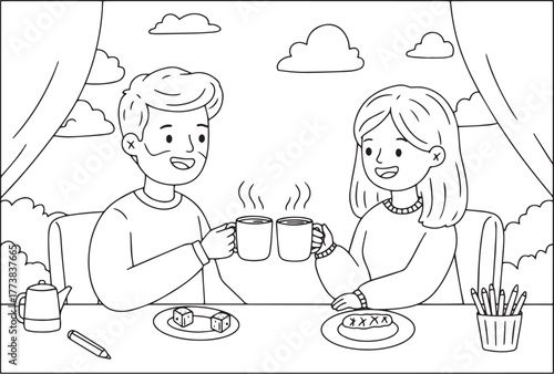 Cozy cartoon illustration of a couple clinking coffee mugs at a