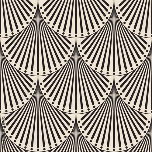 Seamless Art Deco Fan Pattern with Dots Vector. Monochrome Geometric Scallop and Dot Repeat. Seamless Art Deco Shell Design.