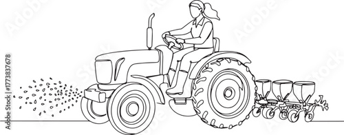 Line art of a woman driving a tractor and planting seeds in a ru