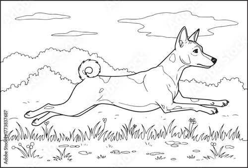 Energetic line art illustration of a happy dog running outdoors
