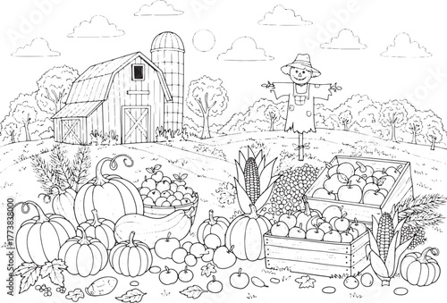 Charming Autumn Harvest Coloring Page Featuring Barn Scarecrow a