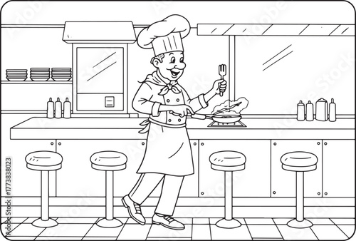 Chef cooking meal at retro diner, cartoon outline, food preparat