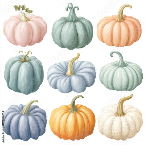 Nine colorful pumpkins in various pastel shades, a delightful autumn harvest composition. They are arranged in a grid, showcasing their unique shapes and textures