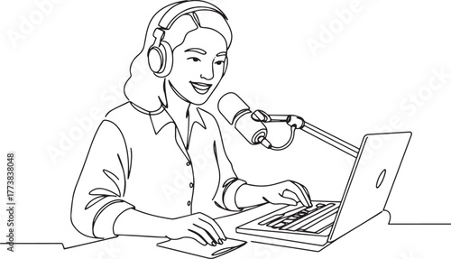 Woman recording podcast with headset and microphone continuous l