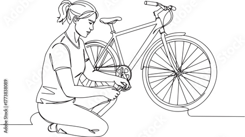 Line art illustration depicting a woman repairing bicycle for ma