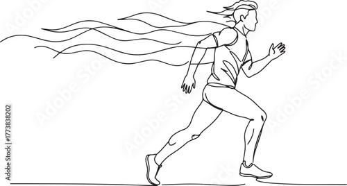 Dynamic single line illustration of a man running with wind effe