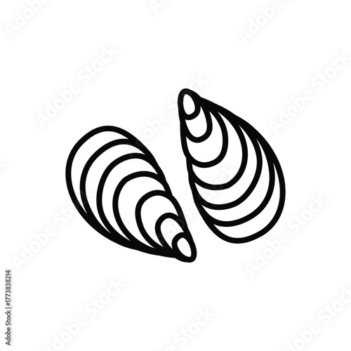 Two mussel shells depicted with bold lines in an illustrative style