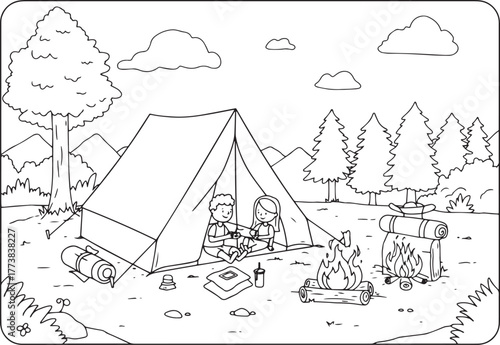 Delightful camping scene with a couple enjoying nature and outdo