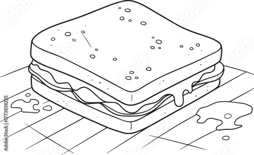 Black and white line art illustration of a Croque Monsieur sandw