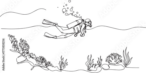 Scuba diver explores underwater world with a continuous line dra
