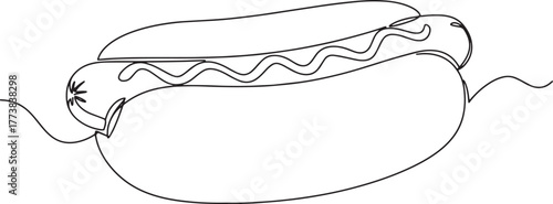 Minimalist line art illustration of a classic hot dog with musta