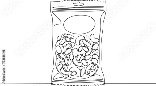 Elegant single line drawing of a trail mix pack for snack food c