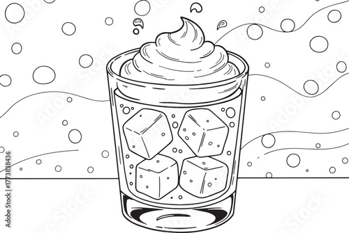 Illustration of a refreshing White Russian cocktail with ice and