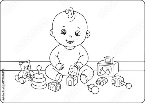 Charming baby illustration surrounded by educational toys for ch