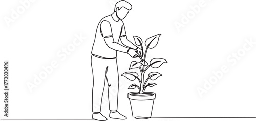 Single line drawing of a man tending to potted plant, simple cle