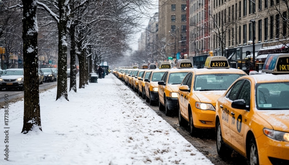 Obraz premium Yellow taxis lined up on snowy street in urban environment 
