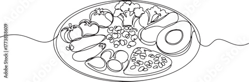 Minimalist single line drawing of healthy balanced plate with ve