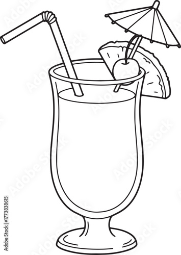 Outlined Virgin Pina Colada Illustration with Tropical Garnishes