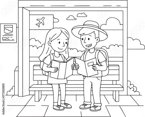 Illustrated traveling couple planning journey together at bus st