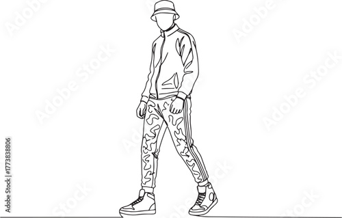 Stylish man with bucket hat in outline format walking confidentl