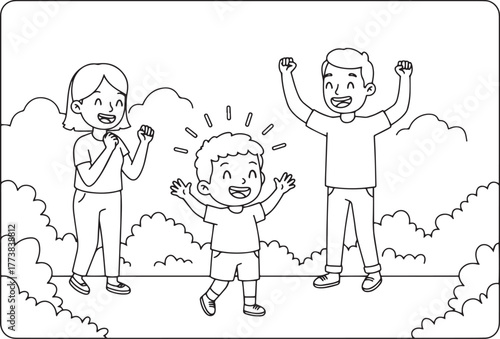Joyful family illustration: a child celebrated by parents with c