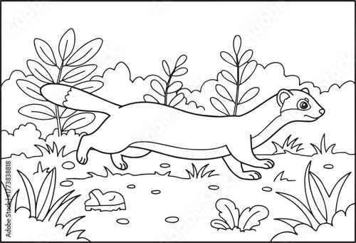 Cute Cartoon Weasel Running Through Wilderness Outline for Color